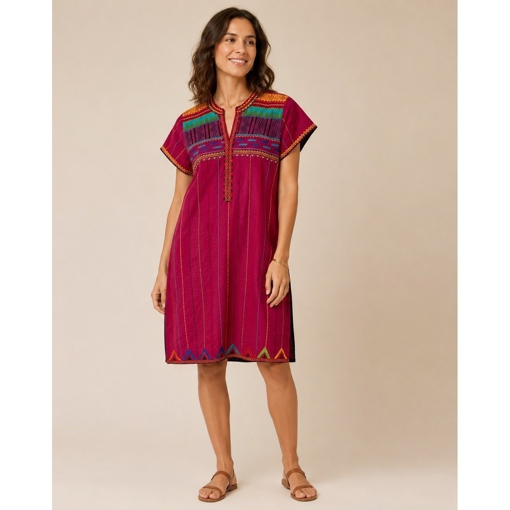 BIBA Tunic Dress Womens 38 Medium Red Embroidered Indian Ethnic Side Slit V-Neck